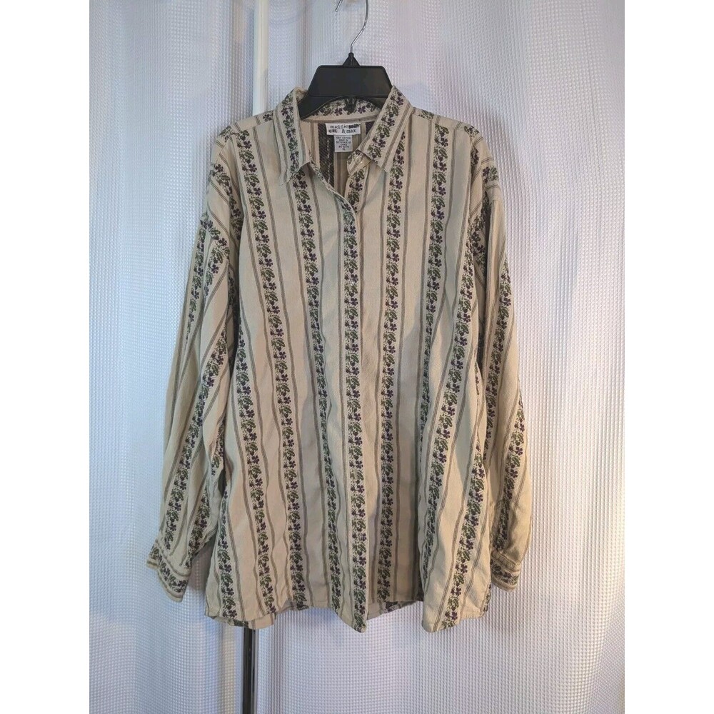 Women's Maggie&Max Long Sleeve Button Stripe Peasant Grape Leaf Pattern XL (F01)